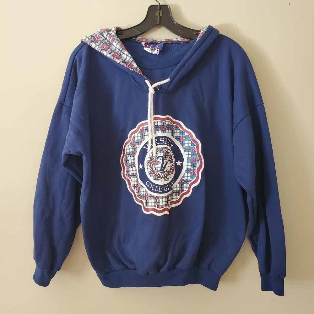 Vintage 90s HER Varsity Crewneck Hooded Pullover Sweater Size Large Womens
